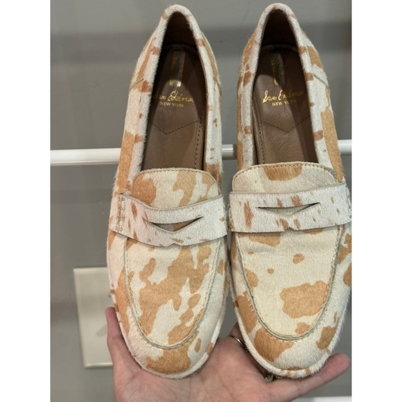 Sam Edelman Shoes - Sam Edelman Birch Penny Loafers Calf Hair Leather Tan White Cow Print Flats 7.5